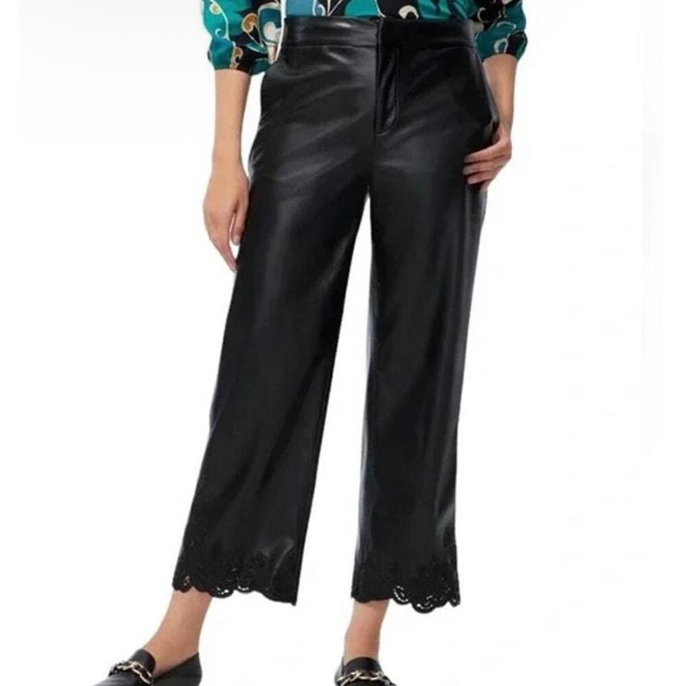 Chico’s Black Faux Leather Lace Hem Cropped Trousers Pants Size 10 Petite